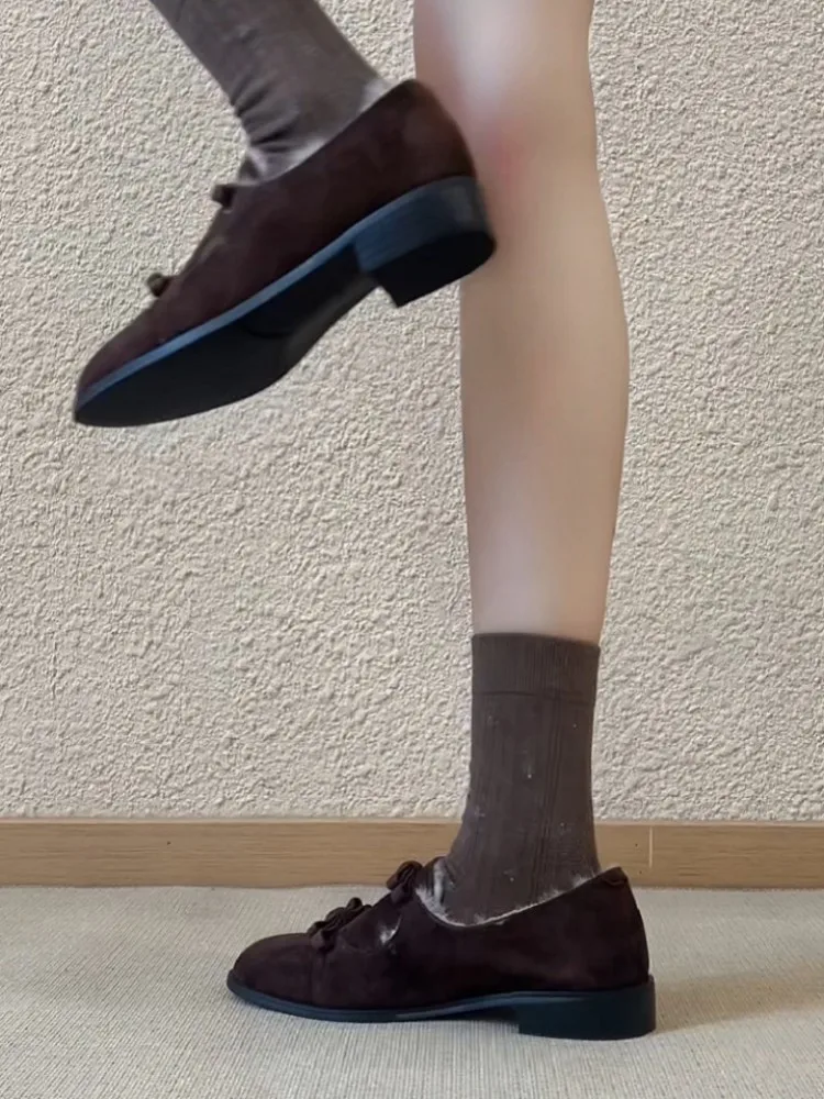 Elegant Female Bow Genuine Leather Fleece Lining Pumps Solid Color Sheepskin Round Toe Slip On Sheep Suede Low Heel Shoes