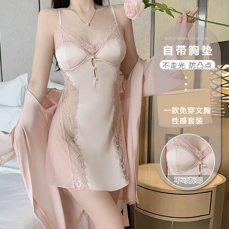 

Silky Satin Bride Wedding Robe Dressing Gown Spring Summer New Female Palace Style Nightgown 2PCS Robe&gown Suit Loose Sleepwear