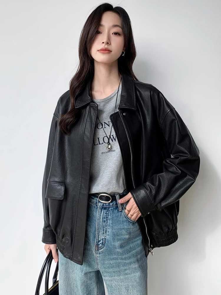 여성을위한 빈티지 정품 가죽 폭격기 재킷 봄 가을 하이 엔드 단순 캐주얼 루즈 피트 소프트 블랙 진짜 양피 코트
