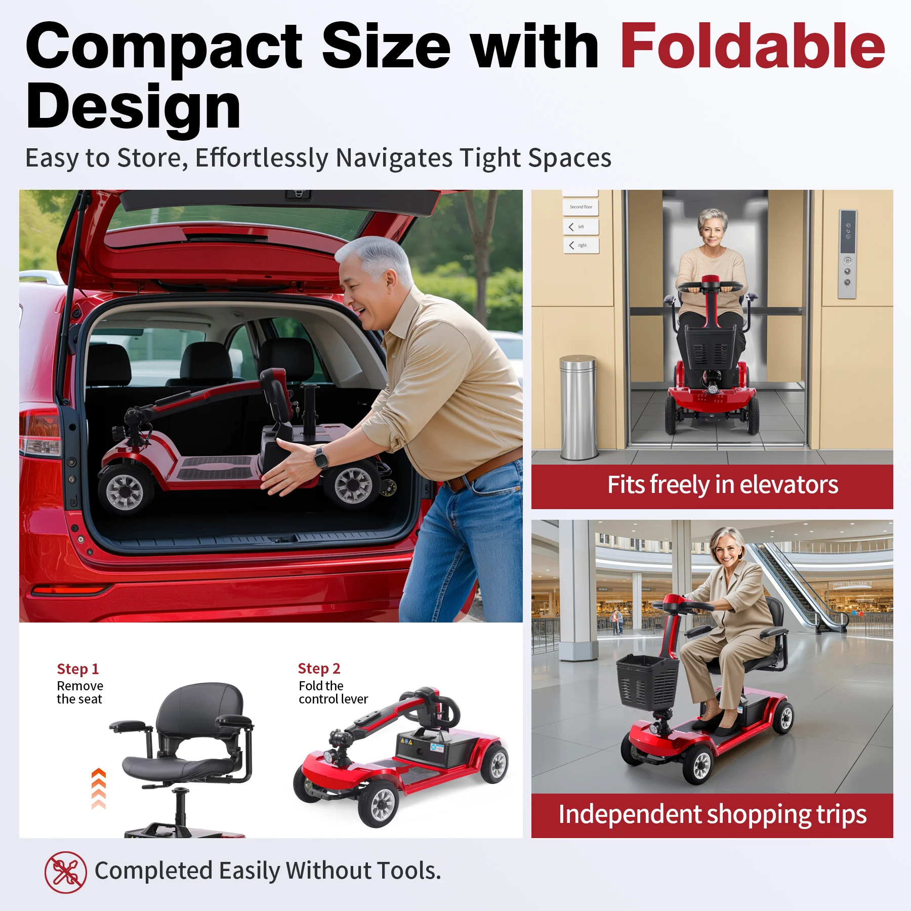 Unificare Red 14AH Foldable 4 Wheel Mobility Scooter Electromagnetic Brake Adjustable Swivel Seat Elderly Outdoor Travel view 4