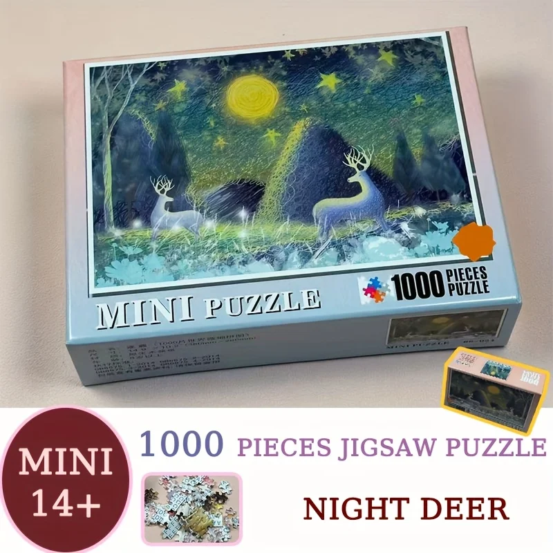 

1 коробка (1000 шт.) МИНИ-пазлы для взрослых — ночной олень 38x26 см (15x10,2 дюйма), рождественские подарки, чулки, праздничные подарки