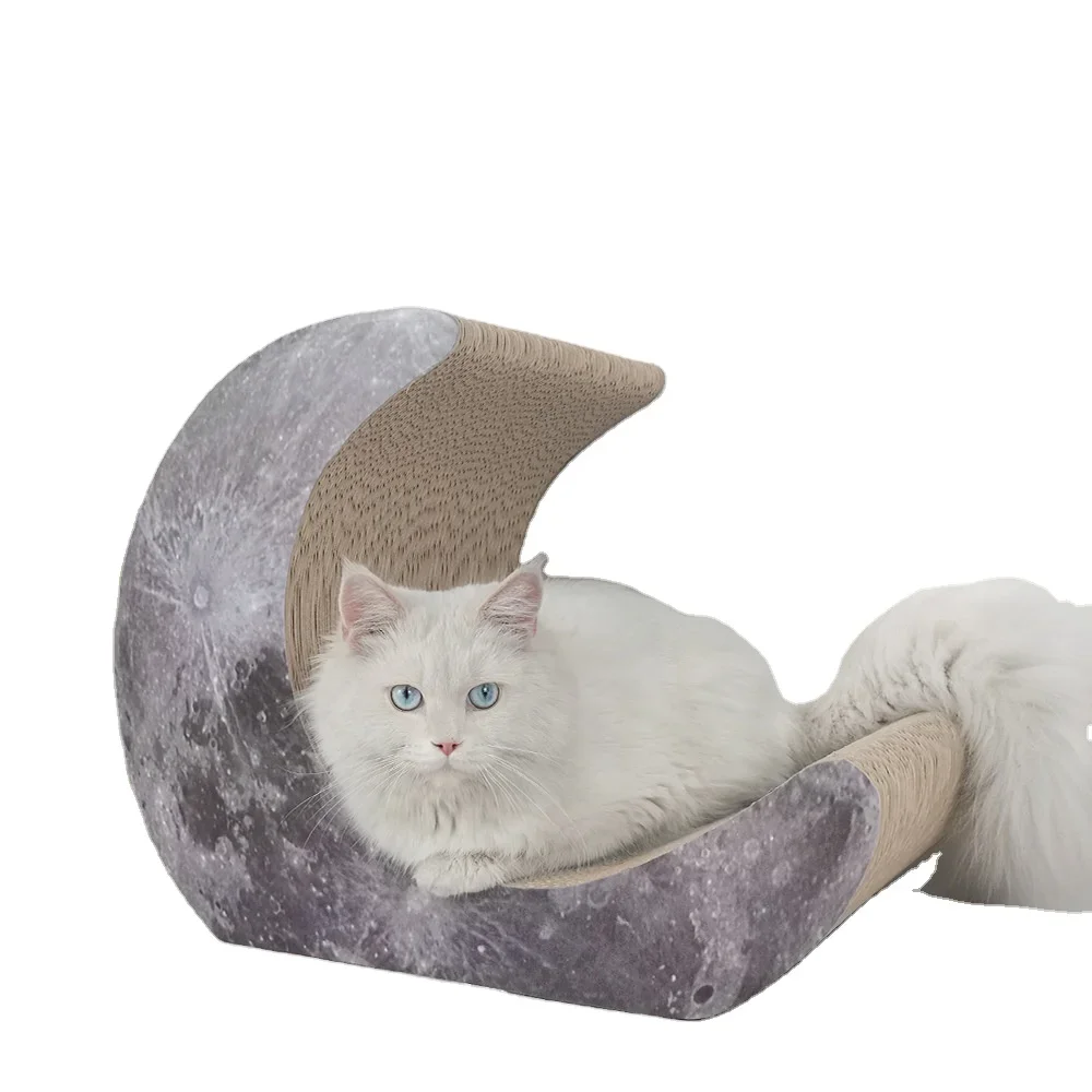 

Custom Moon Shaped Durable Corrugated Cardboard Cat Bed Sofa Scratch Toy for Cats