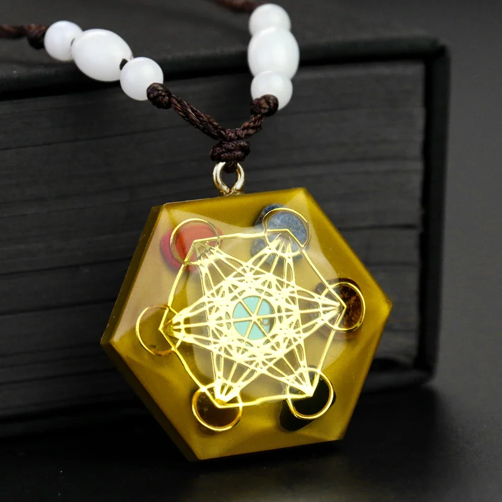 Orgone 7 Chakra Real Stone Necklace Hexagon Metatron Cube Mineral Pendant Yoga Healing Meditation Woman Man Orgonite Jewelry