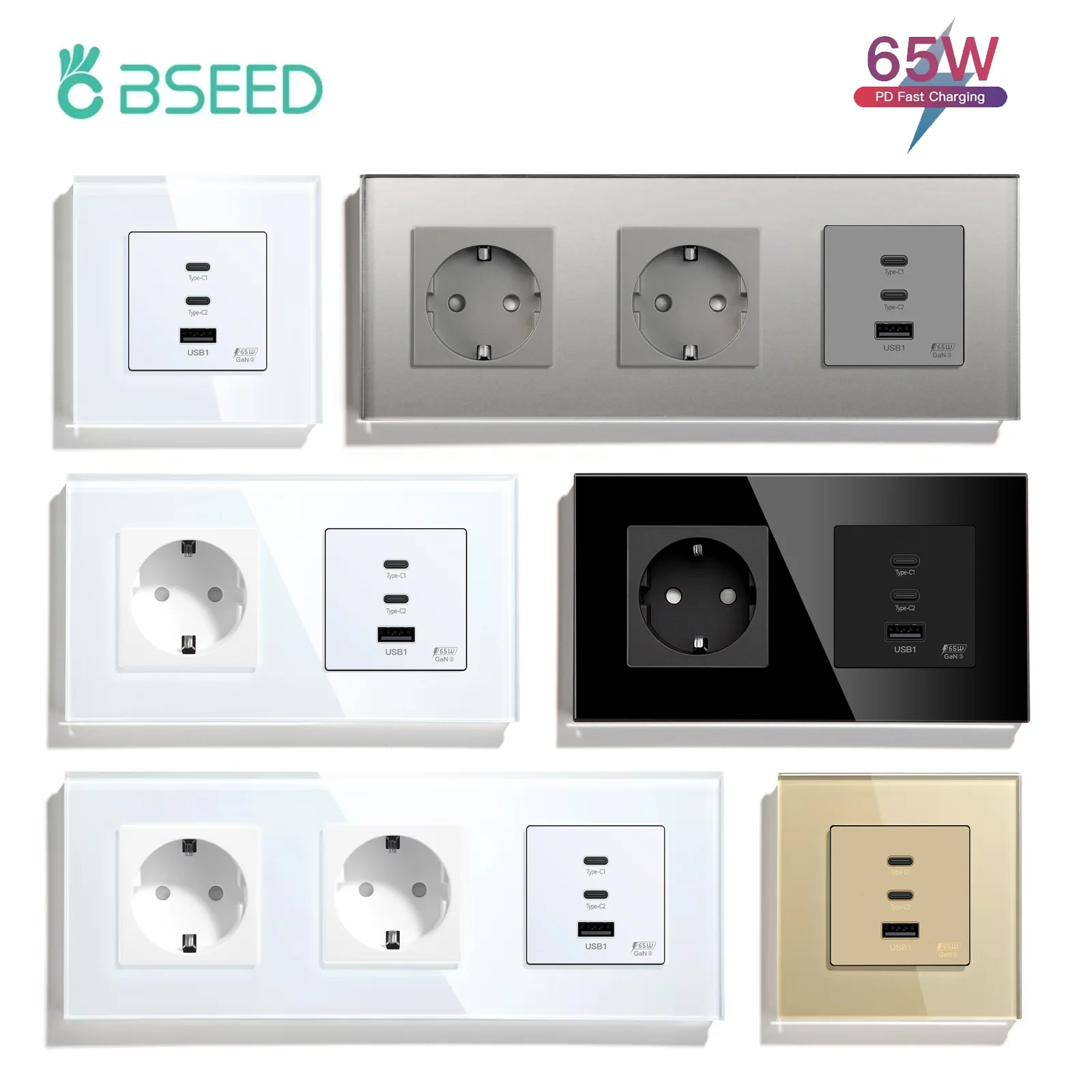 BSEED Power Sockets Electric Outlets Plus Dual Type-c USB Fast Charging Ports 65W 3A Glass Frame EU Standard Wall Embedded