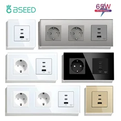 BSEED Power Sockets Electric Outlets Plus Dual Type-c USB Fast Charging Ports 65W 3A Glass Frame EU Standard Wall Embedded