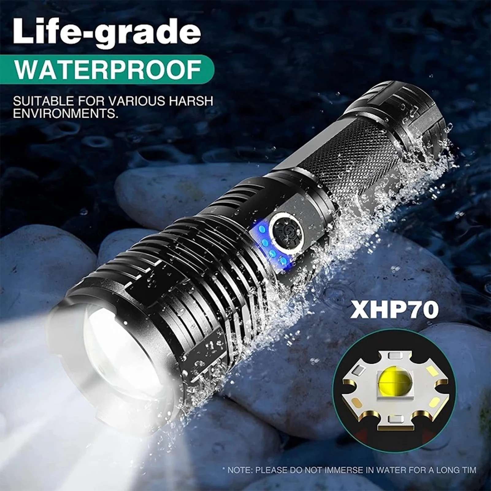 

Portable Flashlight High Power XHP70 Torch Light Camping Lantern Zoomable Focus Light Multi Modes USB Rechargable Camping Lamp