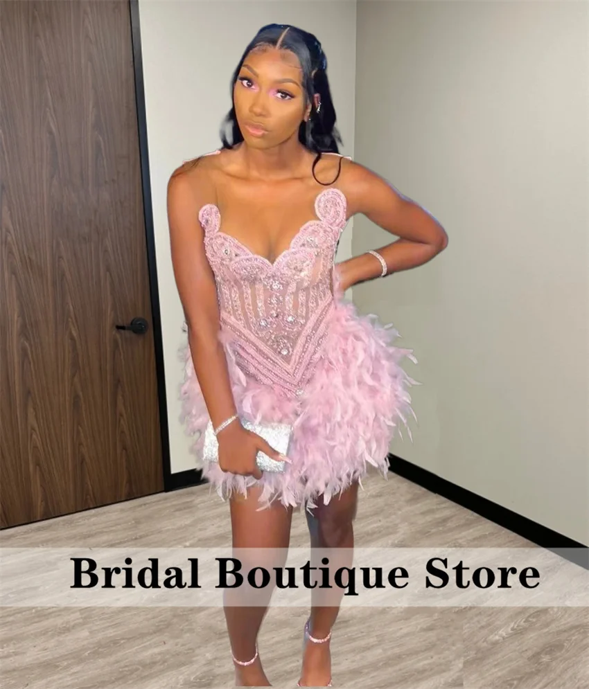 Glitter Green Prom Dress For Balck Girls Beads Feather Birthday Party Cocktail Gowns Custom Homecoming Customized