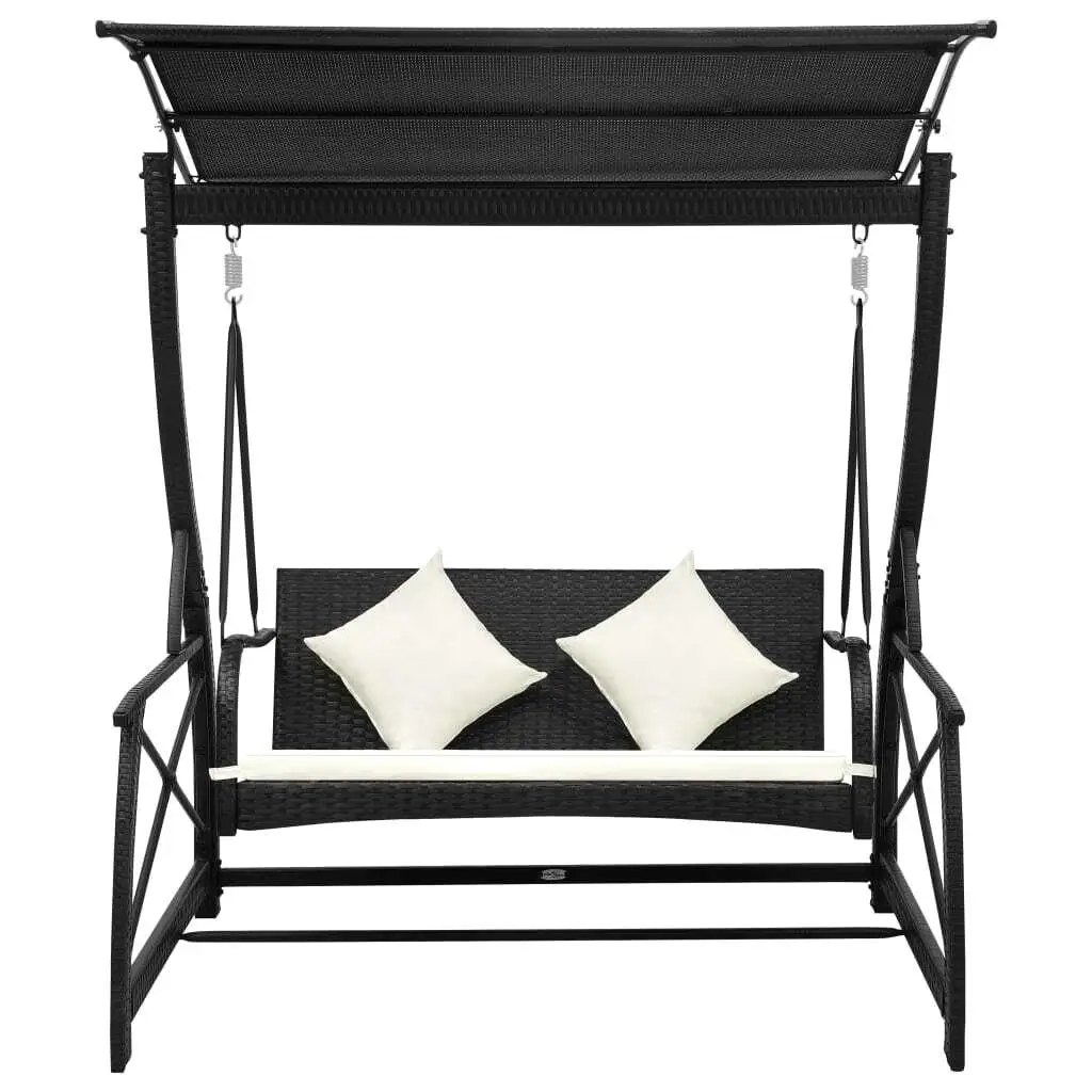 Elegant 3-Seater Garden Swing Bench with Canopy - Durable Black Poly Rattan Outdoor Furniture