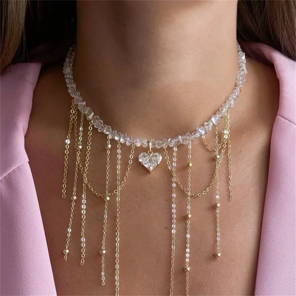 Fashion Vintage Tassels Zircon Heart Pendant Necklace For Women Female Boho Geometric Baroque Transparent Crystal  Chain Jewelry