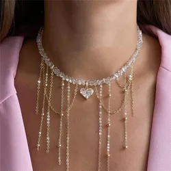 Fashion Vintage Tassels Zircon Heart Pendant Necklace For Women Female Boho Geometric Baroque Transparent Crystal  Chain Jewelry