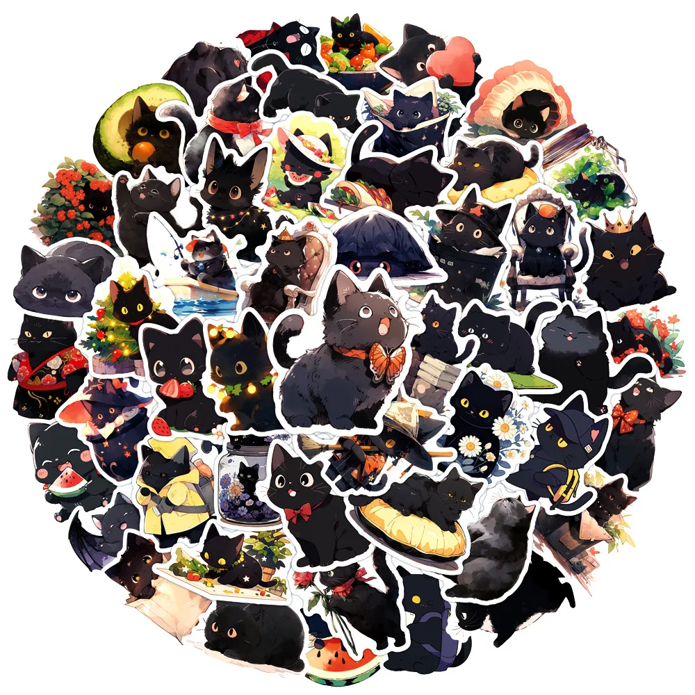 10/30/50PCS Cute Cartoon Black Cat Graffiti Stickers Kawaii Cat Cartoon Decal Notebook Phone Guitar  Fridge Waterproof Sticker