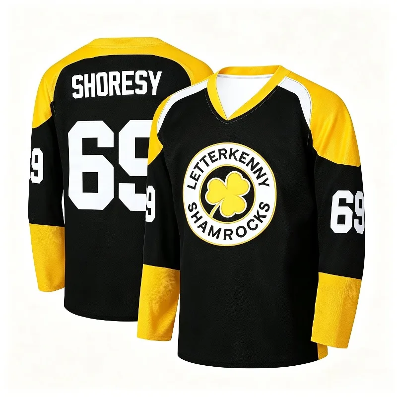 Shoresy 69 Inspired Shamrocks 3D Print Ice‑Hockey Jersey Unisex Black Yellow V‑Neck Long Sleeve TV‑Show Fan Retro Sport Top