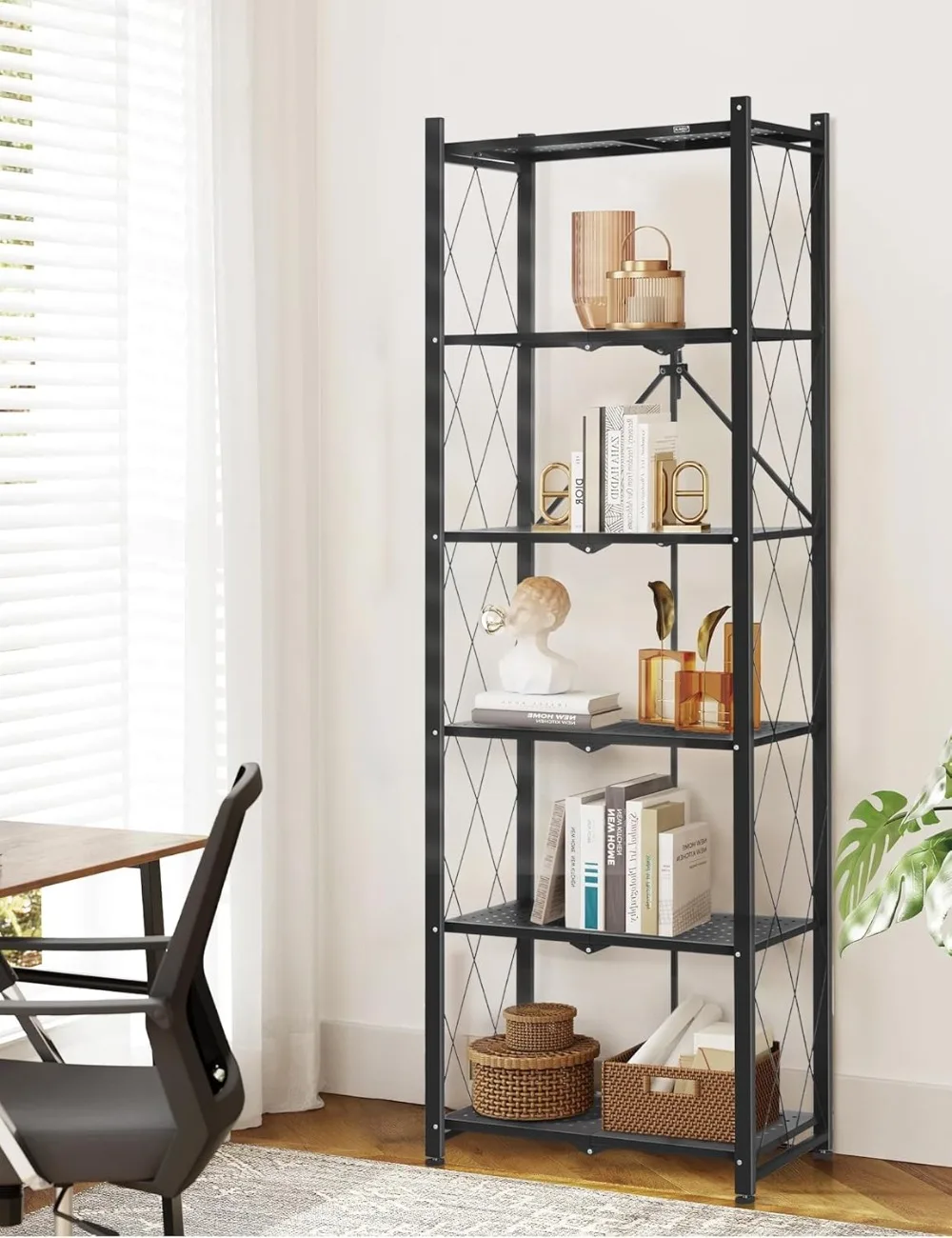 73.6 Inch Folding Bookshelf, 6 Tier Metal Bookcase and Bookshelves, Tall Shelves for Living Room Office Bedroom, Heavy Duty