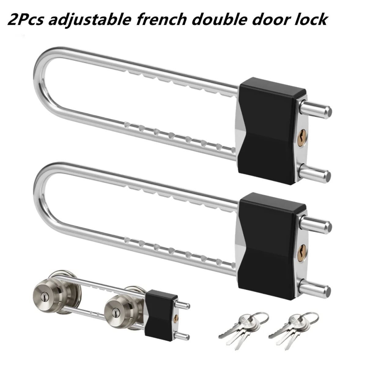 2Pcs French Door Lock Adjustable U Shape Double Door Security Handle Locks Keyless Locking Steel Padlock with Keys for Home Barn