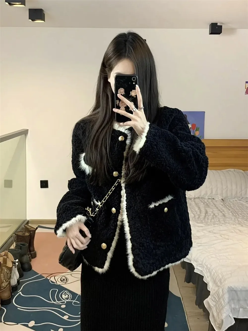 

French hairy Plush Top Winter Environmental Mink Fur Splicing Outcoat Women Thicken Fur Integrated Lamb Wool Short Loose Jacket