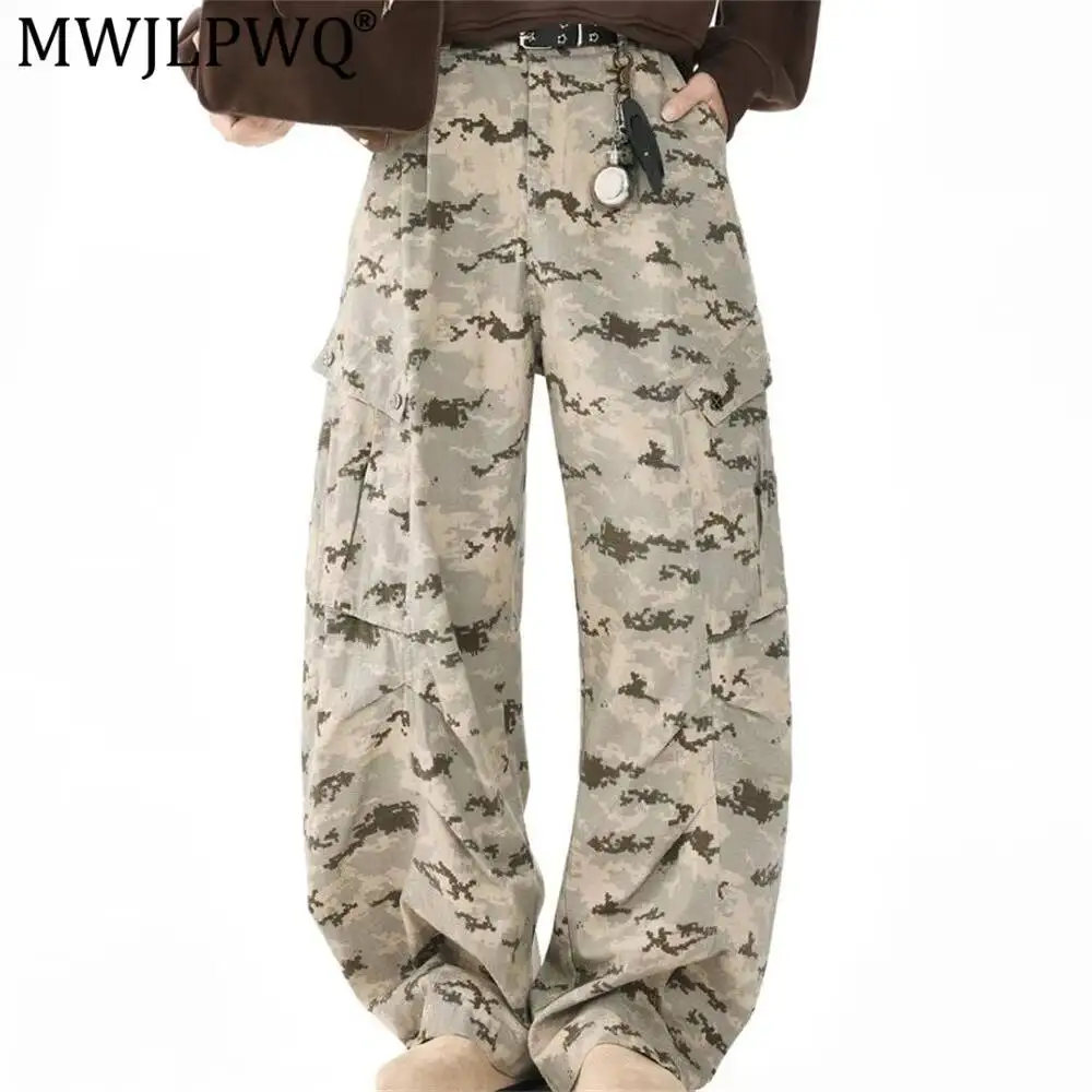 MWJLPWQ Retro Camouflage Workwear Trousers For Men American Trendy Multi-Pocket Pants Pleated Design Curved Wide Legs Pant 20008