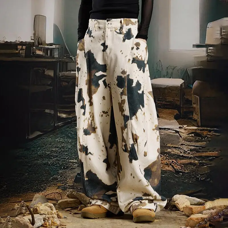 MWJLPWQ جينز رجالي ذو طابع شخصي للشارع فضفاض واسع الساق الهيب هوب محفور طويل المنجل سراويل تقليدية للجنسين 2025 خريف 12222