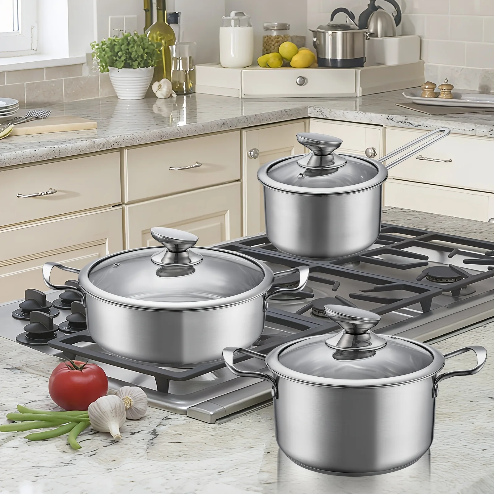 

6pcs Stainless Steel Cookware Set, Multifunctional Kitchen Pots, Featuring A Thickened 5-layer Base, Compatible with Induction Cooktops And Gas Stoves. Ideal for Families And Solo Living. Dishwasher And Oven Safe, Suitable for Outdoor Use.