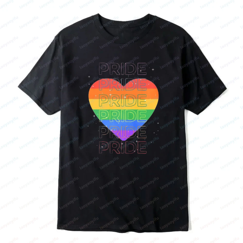 Love Pride Heart LGBTQ+ Gay Lesbian Rainbow Black T-Shirt Adult's Unisex T Shirt Funny Gay Pride Month Themed Short Sleeve Tees