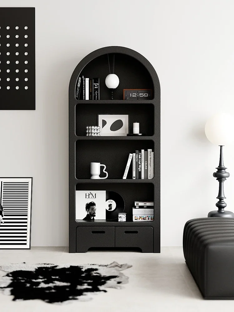 Cream Style Bookcase Shelf Against Wall Display Cabinet Living Room Arched Cave Cabinet Black Floor to Floo