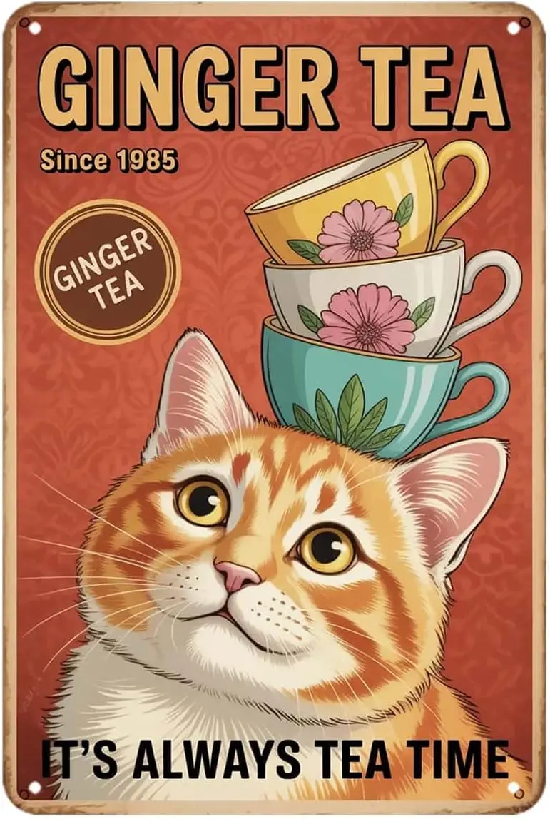 Cute Cat Ginger Tea Tin Sign Funny Animal Tea Time Vintage Metal Signs Wall Decor for Kitchen Bar Cafe Bedroom Home Patio Outdoo