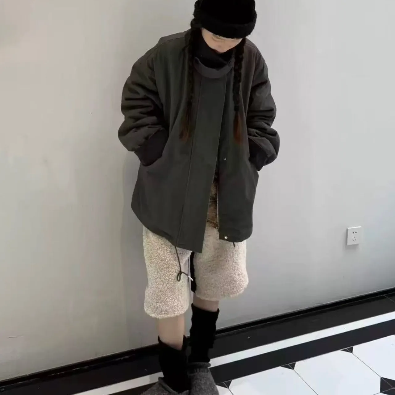 

Women's Cotton Jaet Lamb Fur Lined Thiened Loose Candy Colored Winter Coat Mid-Length Cardigan Sle Commute Faion