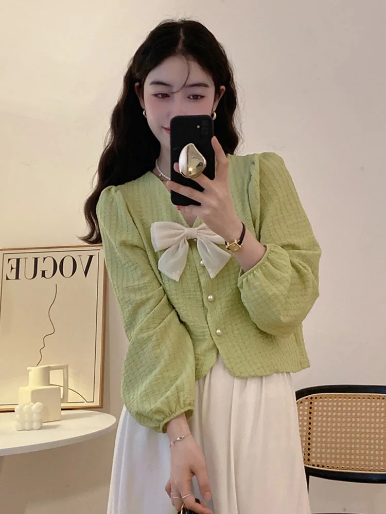 Zoki Sweet Bow Korean Blouse Women Fashion Puff Sleeve V Neck Shirt Casual Loose Preppy Style Female Elegant All Match Fall Tops