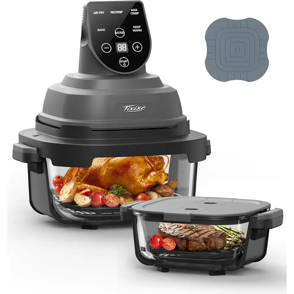 

5-in-1 Glass Air Fryer, 4-Quart & 6-Cup Containers, Silicone Mat, 1500W, 90% Less Oil, Dishwasher/Freezer Safe for Family Meals