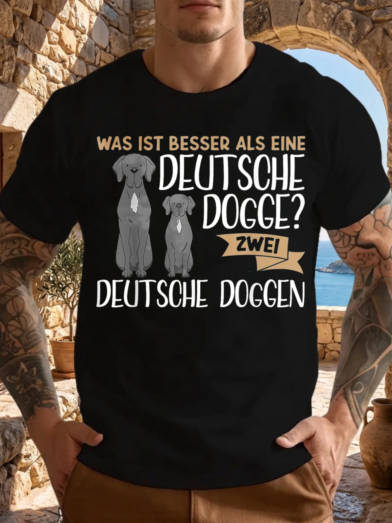 1 Stück 100% Baumwolle Unisex T-Shirt mit zwei Great Danes und deutschem Text auf schwarzem T-Shirt, O-Ausschnitt, kurze Ärmel, bedruckt, Übergröße, bequeme Freizeitkleidung, maschinenwaschbar.
