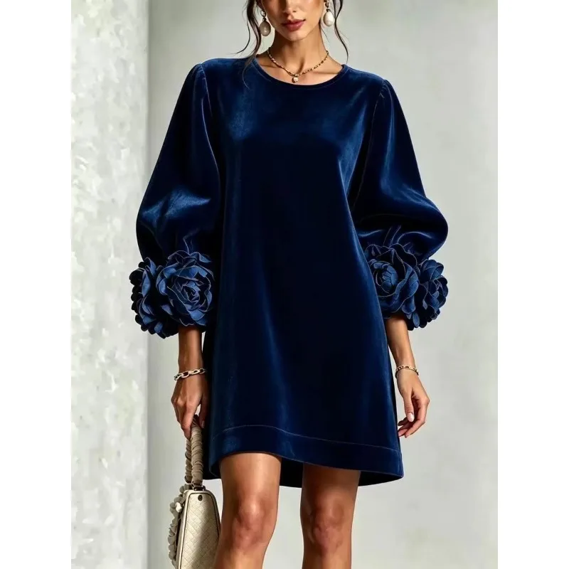 Women  Velvet  Dress Fall Winter Long Sleeve 3D Floral Cuffs Elegant Party Daily Dress