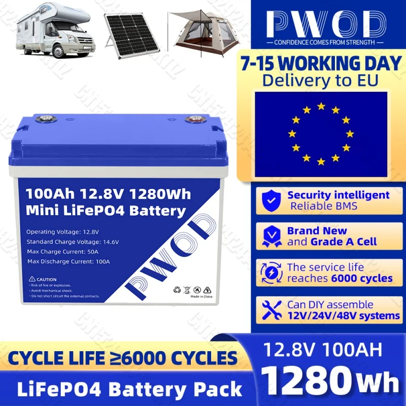 Batteria LiFePO4 di grado A 12V 100Ah 12,8V 1280Wh Cell integrata 100A BMS per 24V 48V RV EV Camper Golf Cart Barca Stock UE
