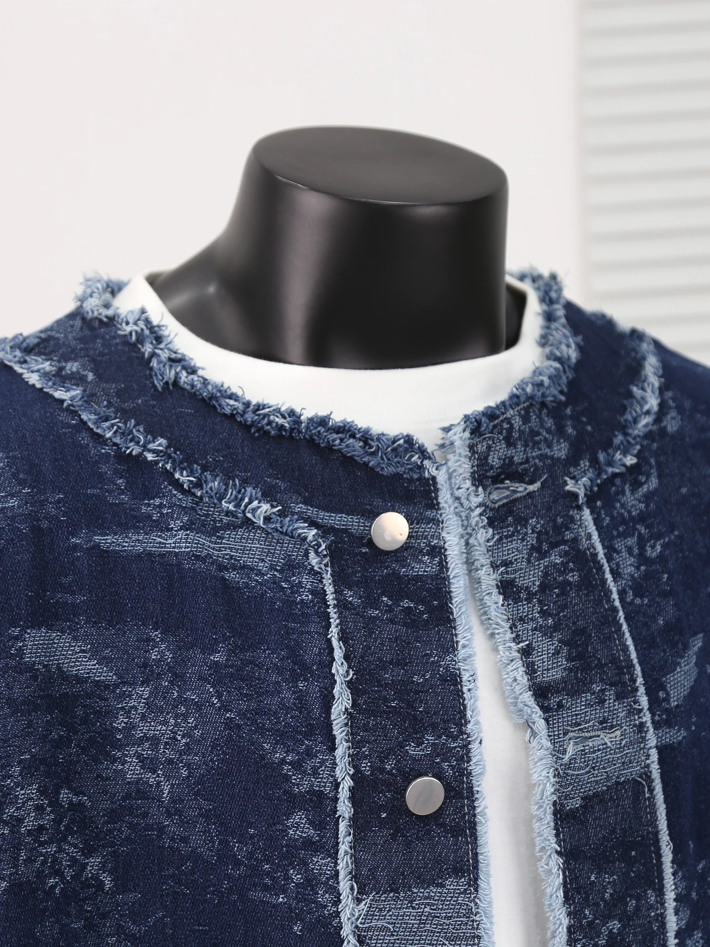 남성용 레트로 자카드 데님 재킷 봄 가을 일본식 라운드 넥 프레이드 재킷 캐주얼 패션 하라주쿠 스타일 블루 코트