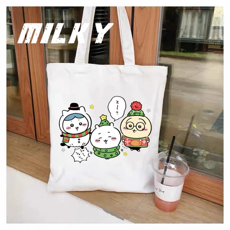 MINISO Kawaii Chiikawa حمل حقيبة قابلة للطي سعة كبيرة أكياس التسوق الجمالية موضة قماش قابلة لإعادة الاستخدام حقيبة كتف قماش هدية