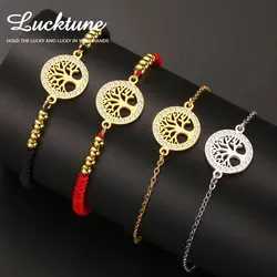 Lucktune Tree of Life Bracelets Stainless Steel Zircon Handmade Red Black Lucky Charm Bracelet for Women Men Jewelry Gift New In