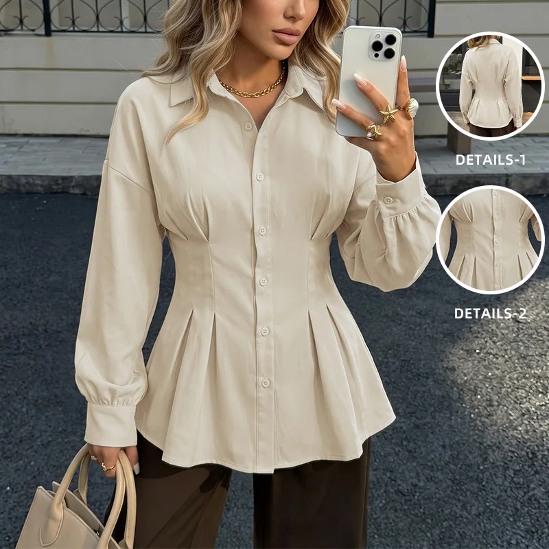Fashion Loose White Women's Blouse 2026 Casual Lapel Long Sleeve Lady Shirt Elegant Classic Pleated Top Female Clothing