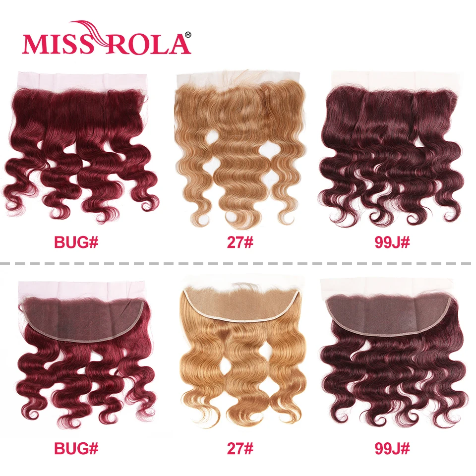 

Miss Rola 13x4 Body Wave Lace Frontal Closure Brazilian Remy Human Hair Lace Frontal Ombre Color 99J Burgundy Blonde 27 Brown