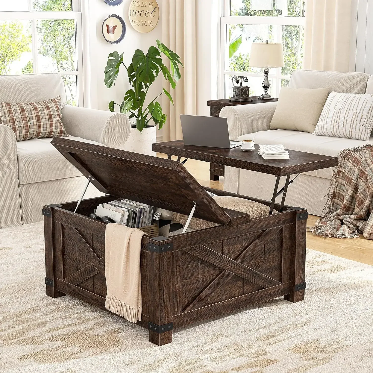 Farmhouse Coffee Table with Storage,Wood Center Table with Flip-Top Lids, Coffee Tables with Hinged Lift Top, Brown