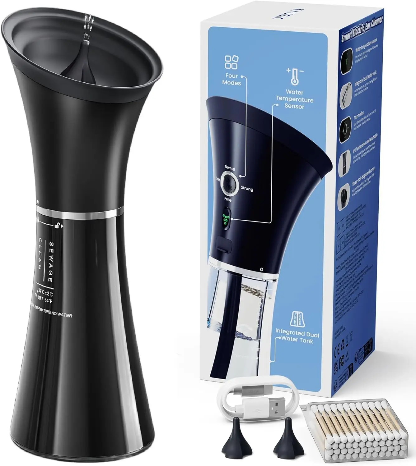 

Усовершенствованный набор для удаления ушной серы с датчиком уровня воды, кабелем USB-C, безопасным очистителем IPX7, черного цвета