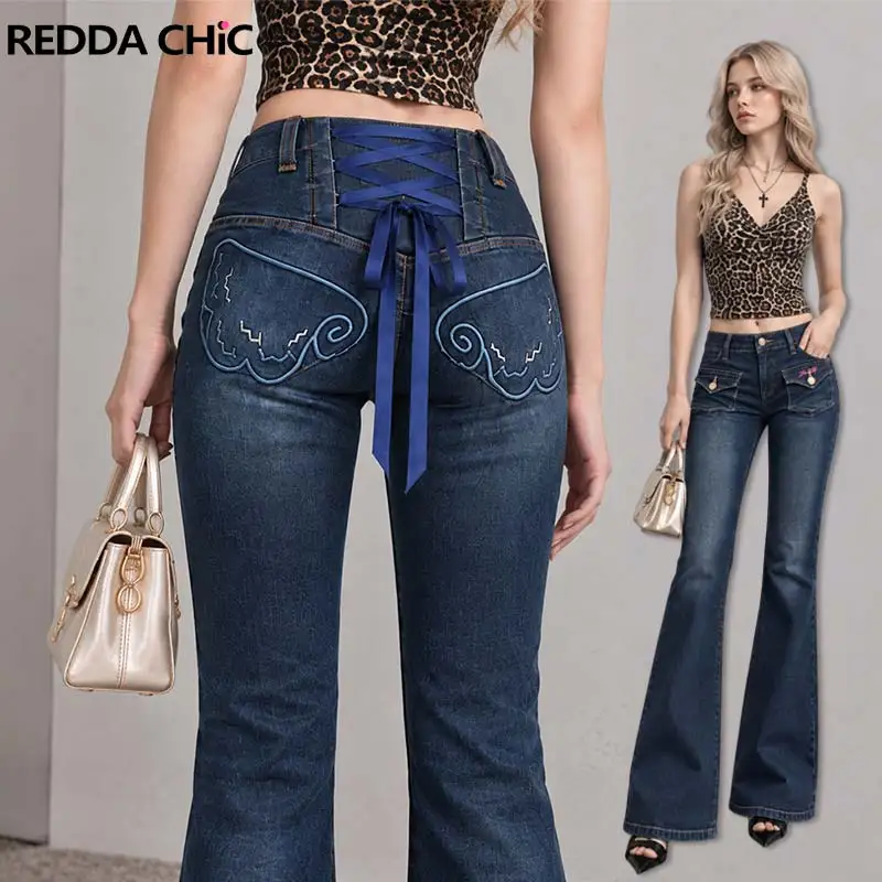 REDDACHiC Cutecore Bowknot Y2k Jeans Women Retro Tight Low Rise Distressed Wing Embroidery Denim Flare Pants Hotties Streewear