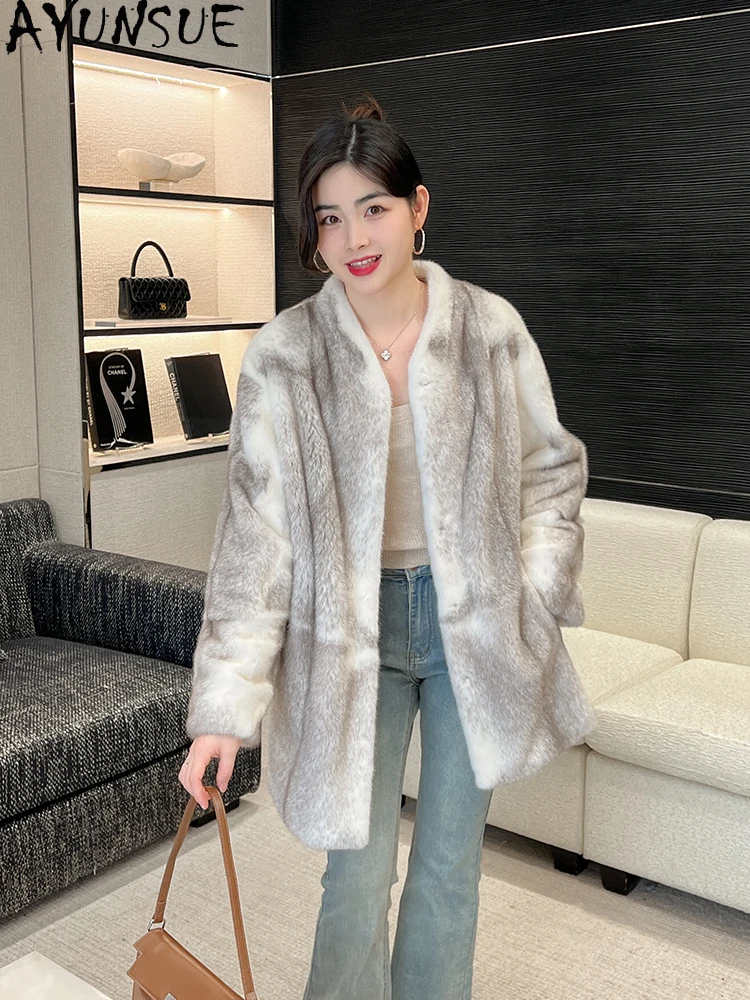 AYUNSUE 천연 벨벳 밍크 모피 코트 여성 럭셔리 중간 길이 겨울 리얼 모피 자켓 여성 의류 전체 밍크 Шуба Женская