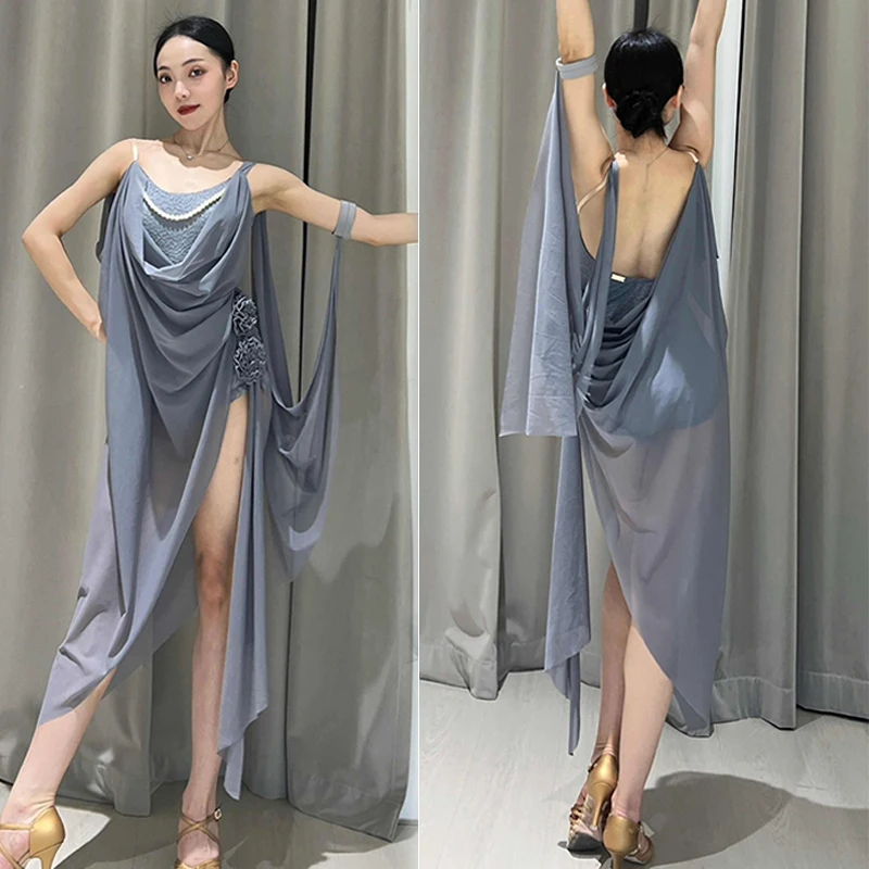 

New Latin Dance Dress Women Performance Costume Adult Rumba Tango Dance Clothing Grey Mesh Sexy Dress Competition Dress DNV21961