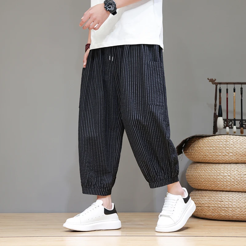 Harajuku Harem Pants For Men Stripe Cotton Linen Wide-leg Pants Male Baggy Pants Elastic Waist Trousers Men New Streetwear