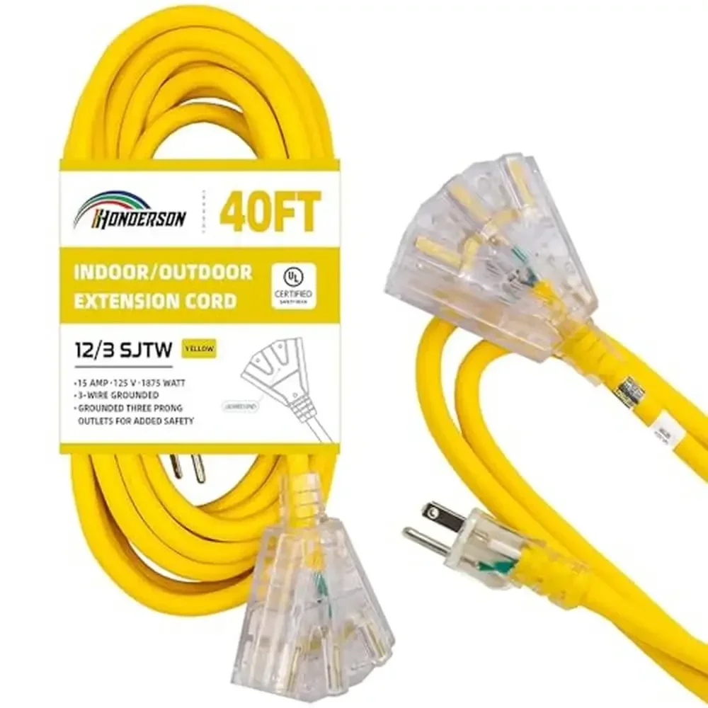 40 FT Lighted Outdoor Extension Cord 3 Power Outlets 12/3 SJTW Heavy Duty Cable Prong Grounded Plug UL Listed Ideal Equipment