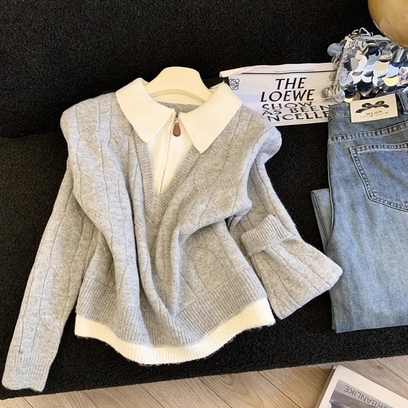 

Meilad Sweet Wind POLO Collar Half Chain Fake Two Piece Knitted Sweater for Women, Autumn/Winter 2025