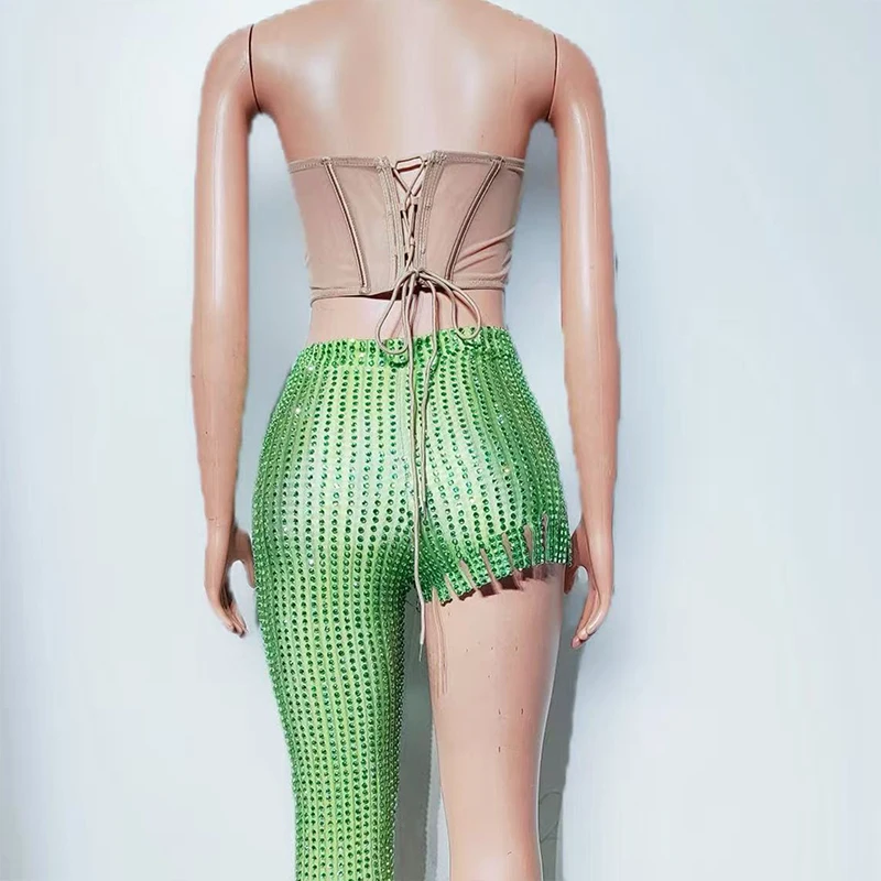 Seksowny strój tancerki Gogo, brokatowy zielony top i spodnie, zestaw Dancehall Queen, kostium sceniczny dla piosenkarki, ubrania na imprezę, pokaz yj020