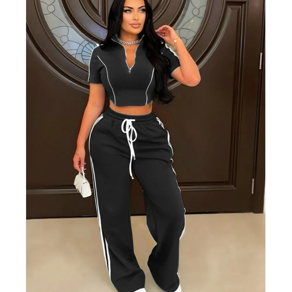 Fashion Casual Short Hoodie 2 Piece Women Summer Zipper Top Short Sleeved Sports T Shirt Stripe Splicing Long Pants Female Suit