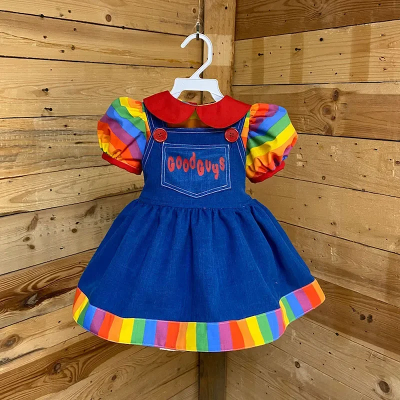 Kid Girl Doll Costume Outfit Rainbow Doll Collar Puff Sleeve Tops Suspender Skirt with Front Pocket for Halloween