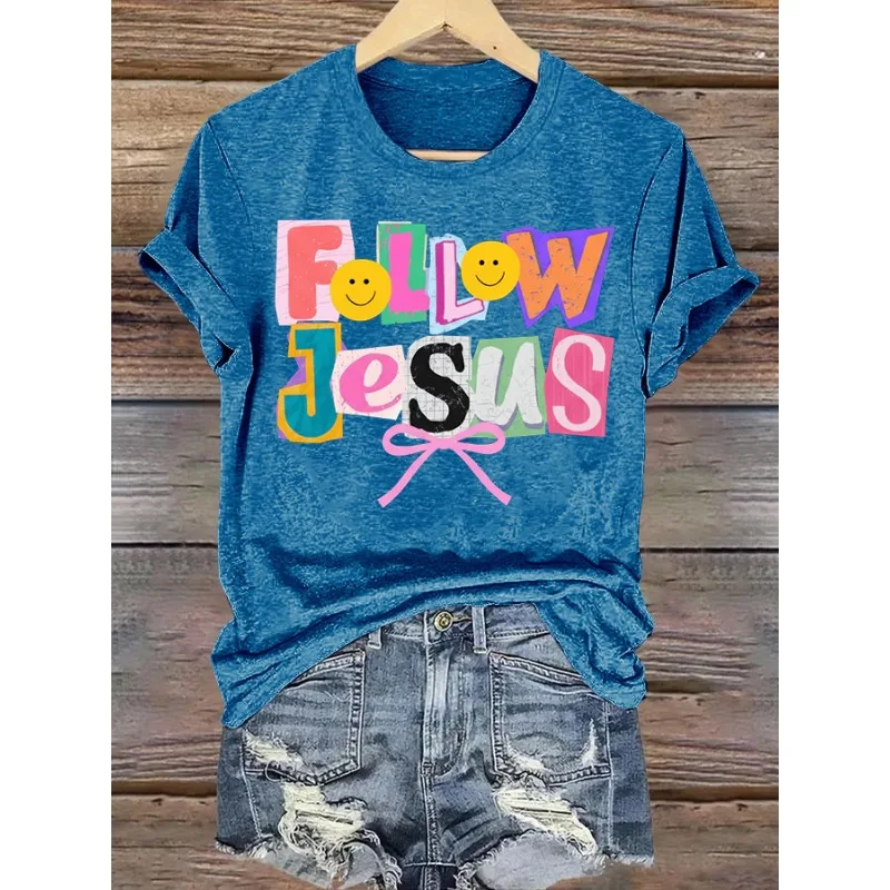 ilstile Women's Follow Jesus Letter Print T-Shirts Summer Short Sleeve Casual Round Neck Tops Black White Blue Tees New Arrival