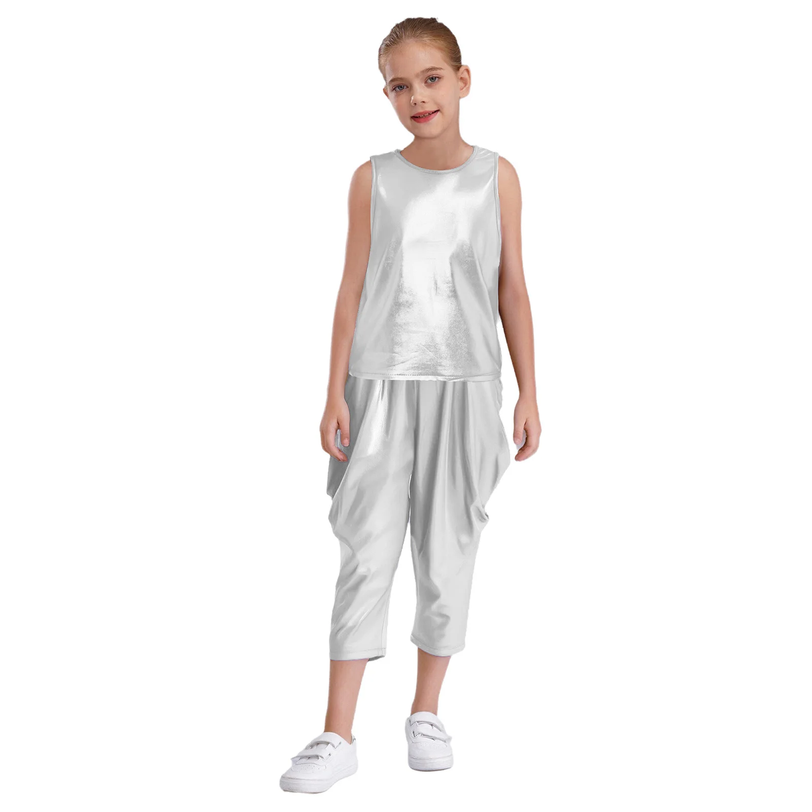 

Kids Girls Boys Hip-Hop Jazz Dance Outfit Round Neck Sleeveless Shiny Metallic Vest Top+Ruched Cropped Pants Set for Performance