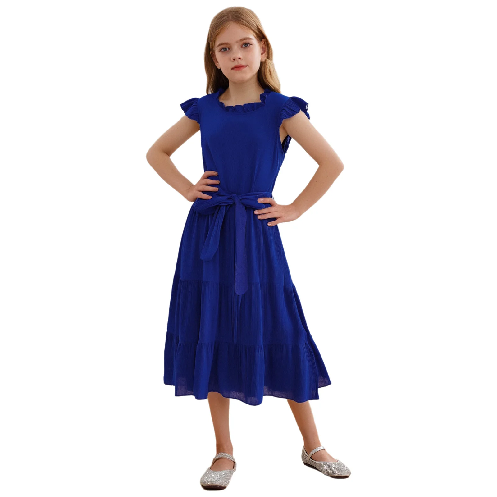 

Kids Girls Summer Dresses Round Neck Cap Sleeves Ruffled Maxi Dress with Belt for Elegant Birthday Party Wedding Vacation Beach